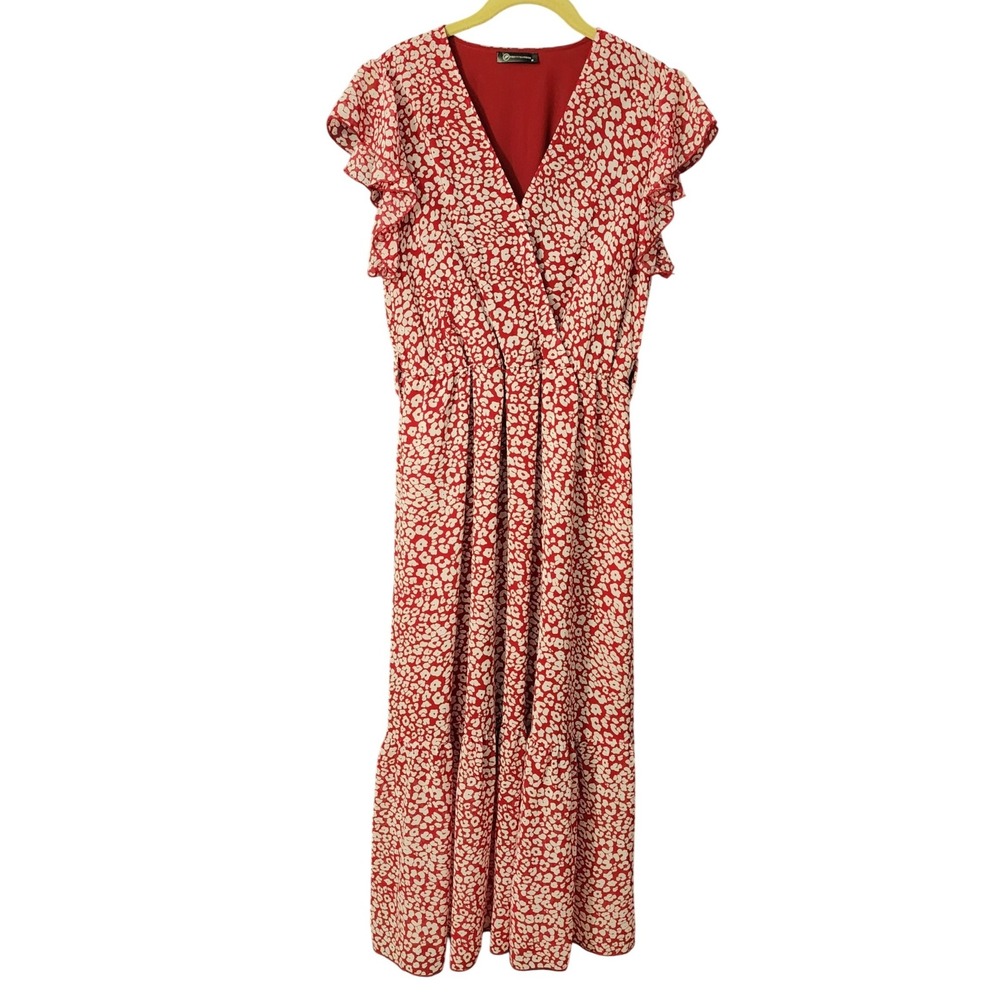PRETTYGARDEN Women's Maxi Dress Red Leopard Print Flutter Sleeve Tiered Size M